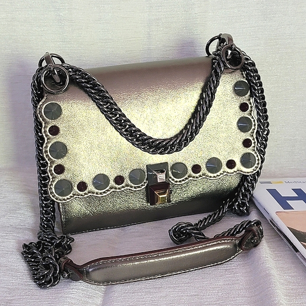 Auth💞 Fendi Metallic Leather Small Scalloped Studded Kan I Shoulder Bag